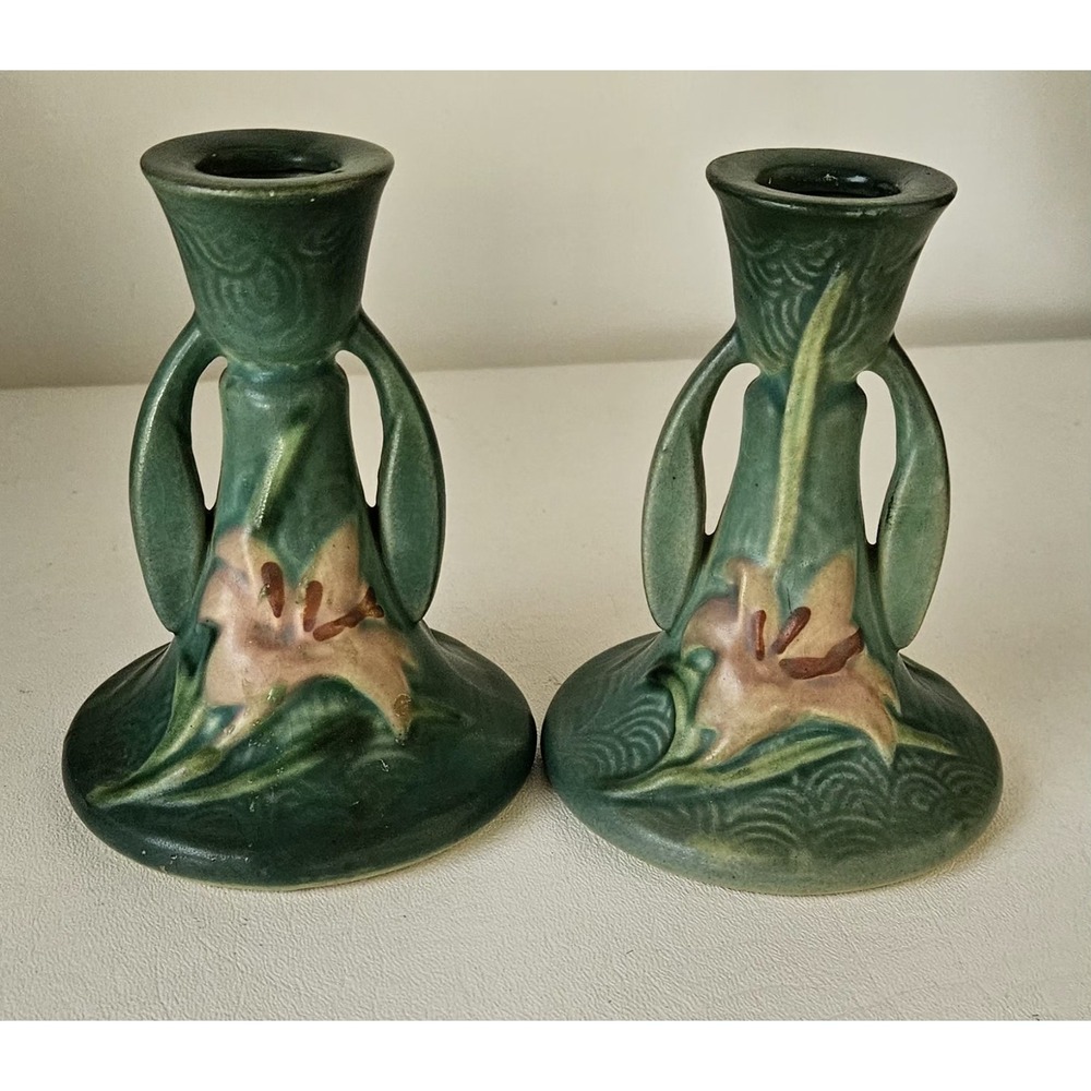 Roseville Pottery Pair of Zephyr Lily Green Candle Holders 1163-4 1/2